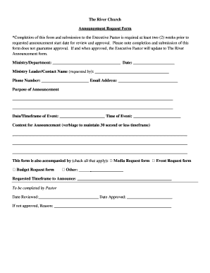 Fillable Online Ministry Announcement RequestThe Fort Bend Church Fax ...