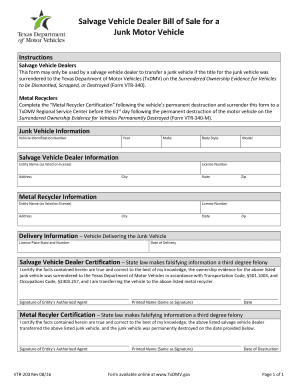 Simple bill of sale form - Salvage Vehicle Dealer Bill of Sale for a Junk Motor Vehicle (Form VTR-203)