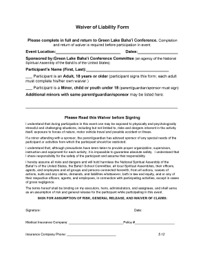 Waiver of Liability Form - 57th Annual Green Lake Bah ' School - greenlakebahaiconference