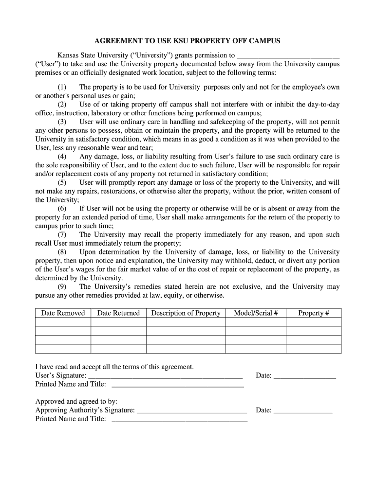 Fillable Online kstate AGREEMENT TO USE KSU PROPERTY OFF CAMPUS Fax