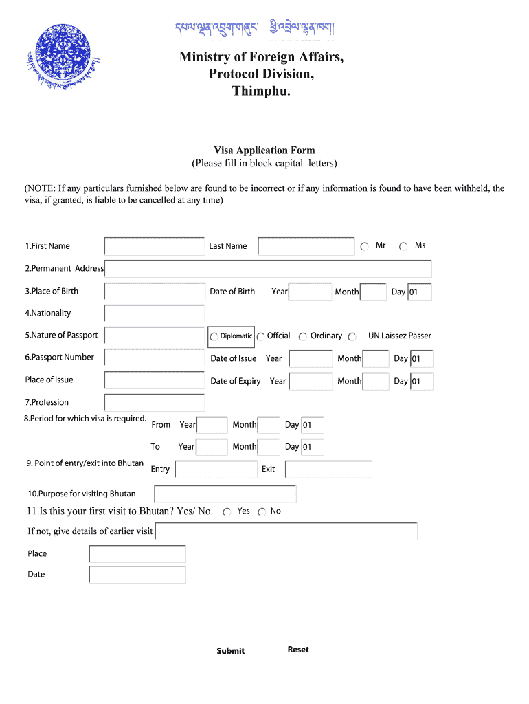 Fillable Online Visa Application Form Bhutan Visit Fax Email Print PdfFiller