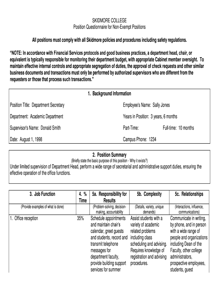 Fillable Online skidmore Position Questionnaire for Non-Exempt ...