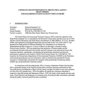 EPA Region 3 RCRA Corrective Action Draft Permit Hazardous Waste Post Closure for National Standard - Mount Joy Impoundment PAR000514182. RCRA CA Draft Permit - epa