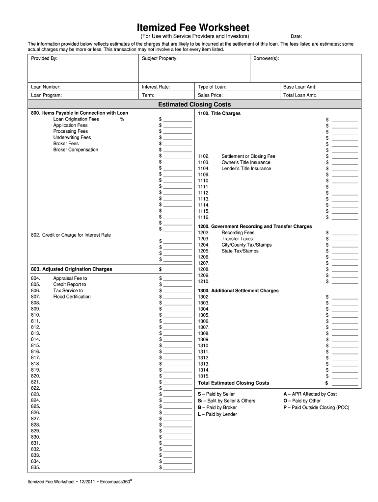 Itemized Fee Worksheet - Encompass News and Service Portal: Fill out & sign  online | DocHub