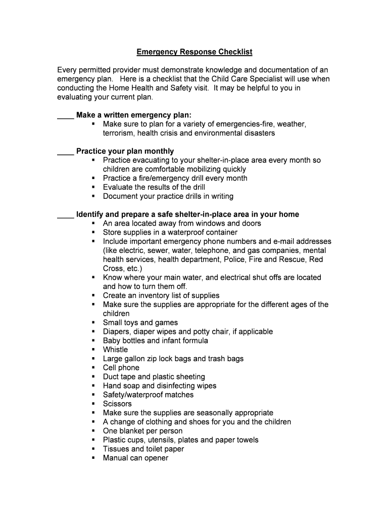 Fillable Online fairfaxcounty Emergency Response Checklist Every