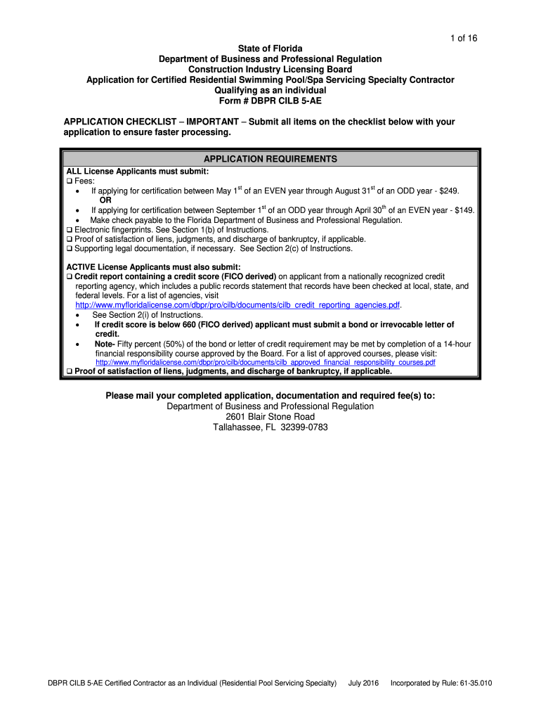 DBPR CILB 5-AE - Certified Contractor as an Individual (Residential Pool Servicing) Preview on Page 1.