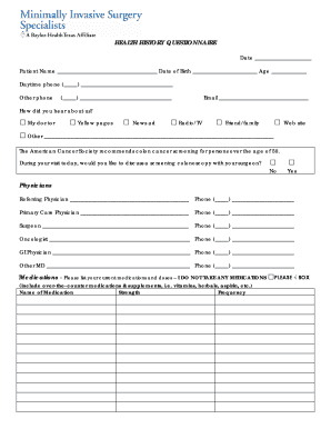 Fillable Online HEALTH HISTORY QUESTIONNAIRE - ... Fax Email Print ...