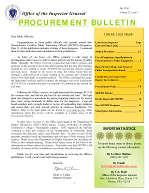 Hatch timesheet - Procurement Bulletin, July 2016. Public contracting; deputy tax collector rules; proprietary police equipment purchase - mass