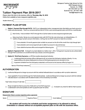 Fillable Online Tuition Payment Plan 2016-2017 - Ma'ayanot Yeshiva High ...