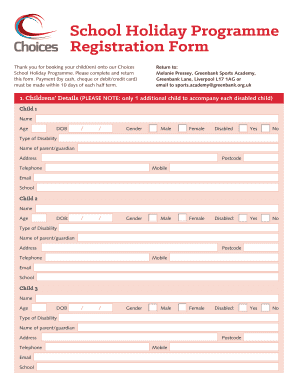 Choices School Holiday Programme Registration Form