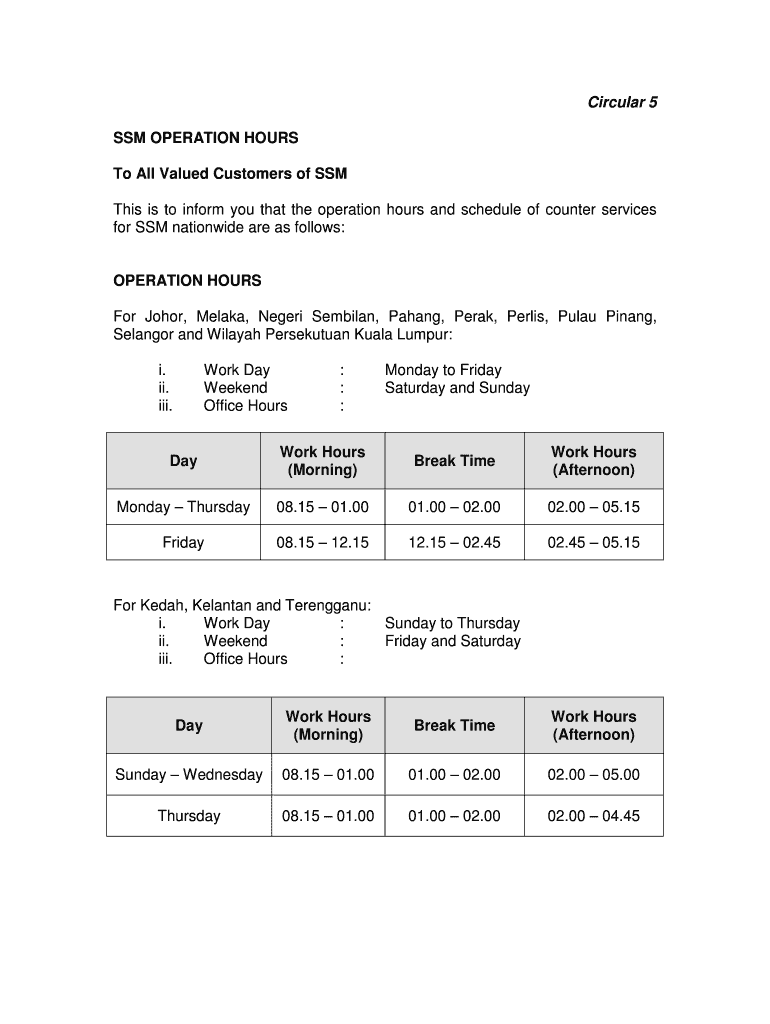Fillable Online SSM OPERATION HOURS Fax Email Print pdfFiller