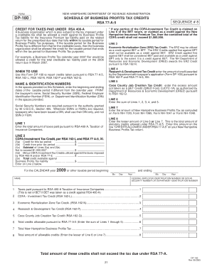 New Hampshire DP-160 Business Profits Tax Credits