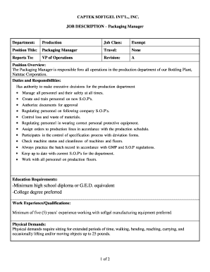 Sample recommendation letter for employee - JOB DESCRIPTION Packaging Manager Position Title:...