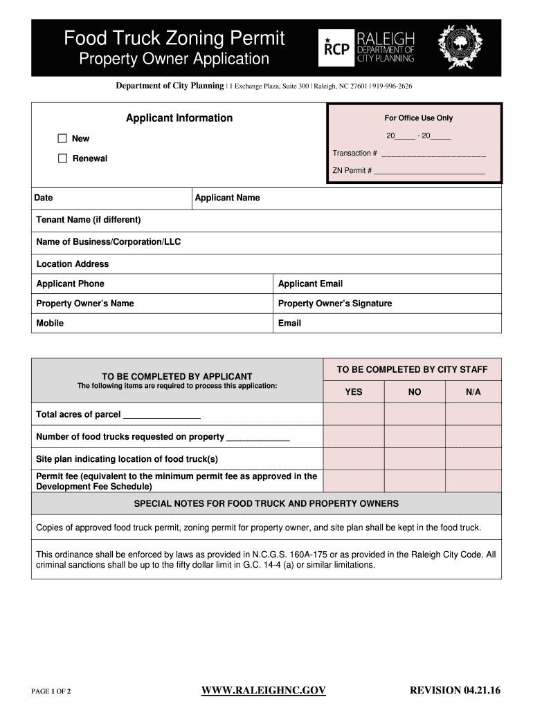 Fillable Online raleighnc Food Truck Zoning Permit Application Owner