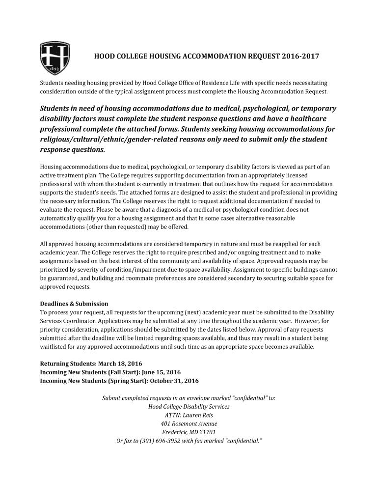 Fillable Online hood HOOD COLLEGE HOUSING REQUEST 2016