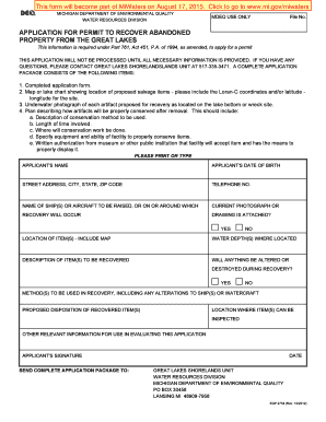 Application for Permit to Recover Abandoned Property from the Great Lakes