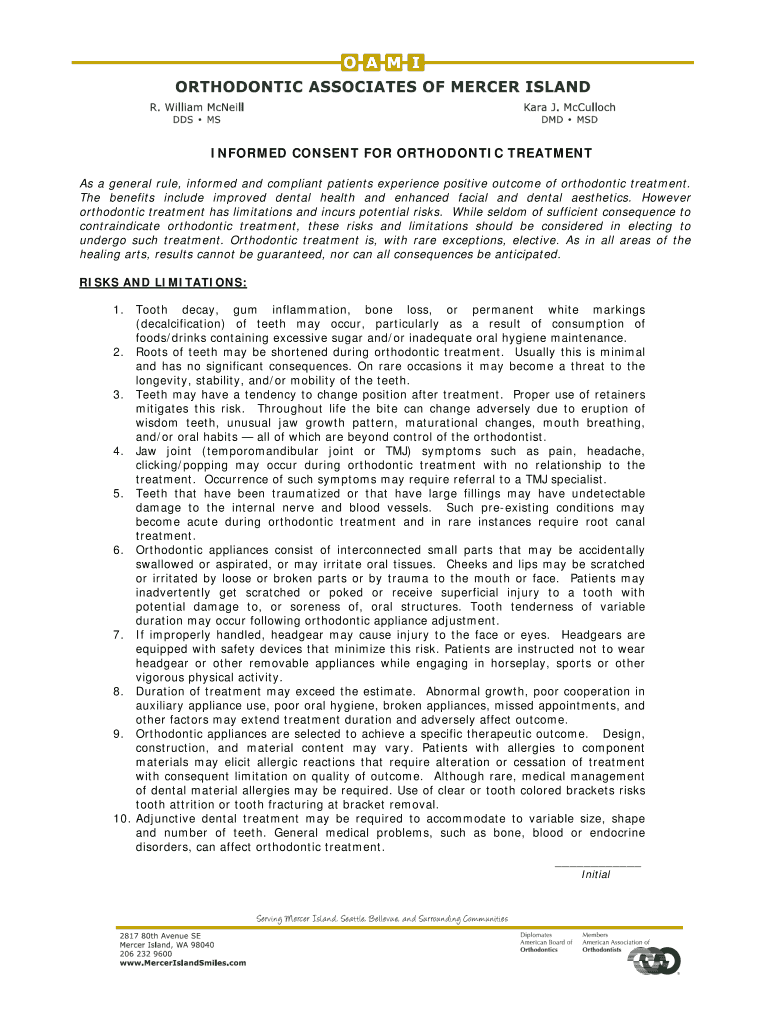 Fillable Online INFORMED CONSENT FOR ORTHODONTIC TREATMENT Fax Email