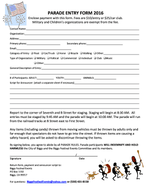 Fillable Online parade entry form 2016 - Biggs Fax Email Print - pdfFiller