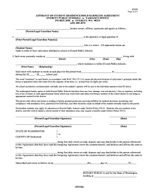 Affidavit of Student Residence/Hold Harmless Agreement