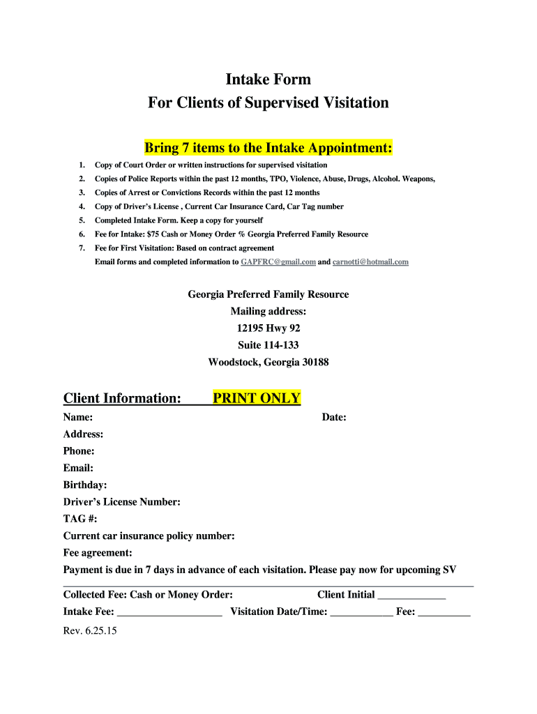 Fillable Online Intake Form for Clients of Supervised Visitation Fax ...