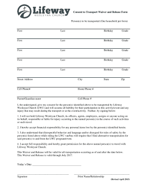 Fillable Online lifewaychurch Transportation waiver - Lifeway Wesleyan ...