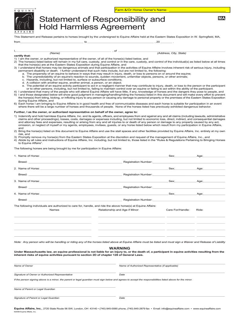 equine hold harmless agreement template Preview on Page 1