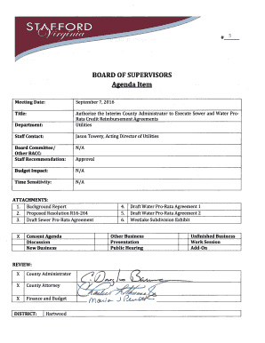 Proposed Resolution R16-264 seeks Board authorization for the Interim County Administrator to sign a Sewer ProRata Credit Agreement and two Water Pro-Rata Credit Agreements with Westlake Development, LLC, governing - bos stafford va