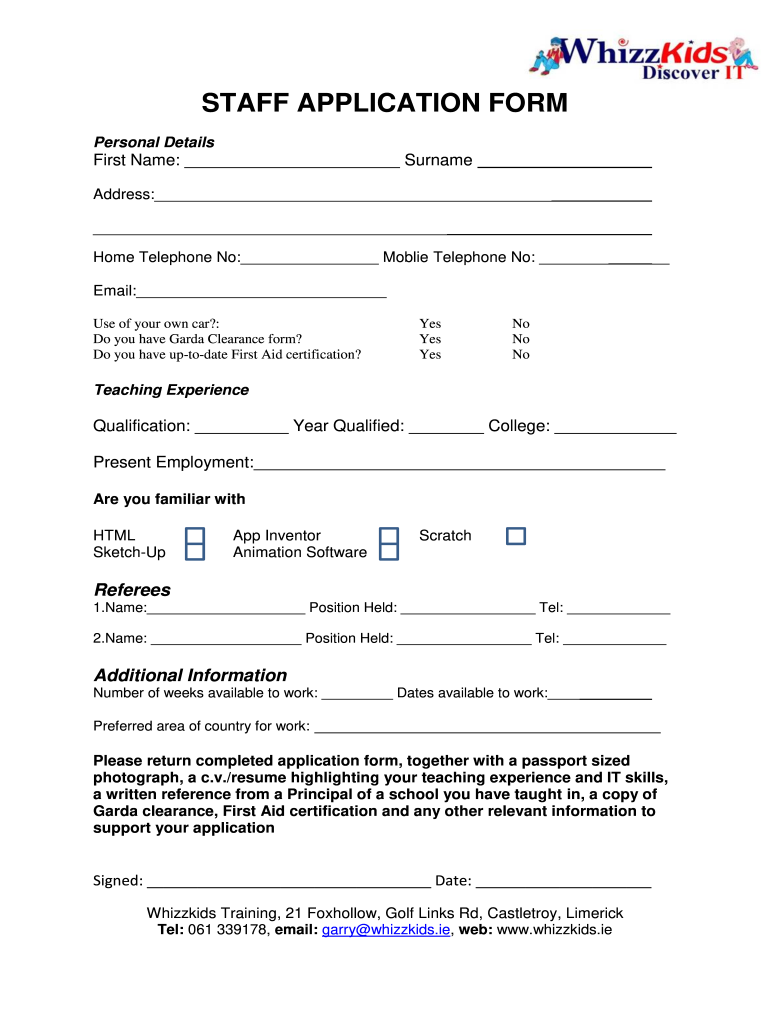 STAFF APPLICATION FORM - whizzkids.ie Preview on Page 1