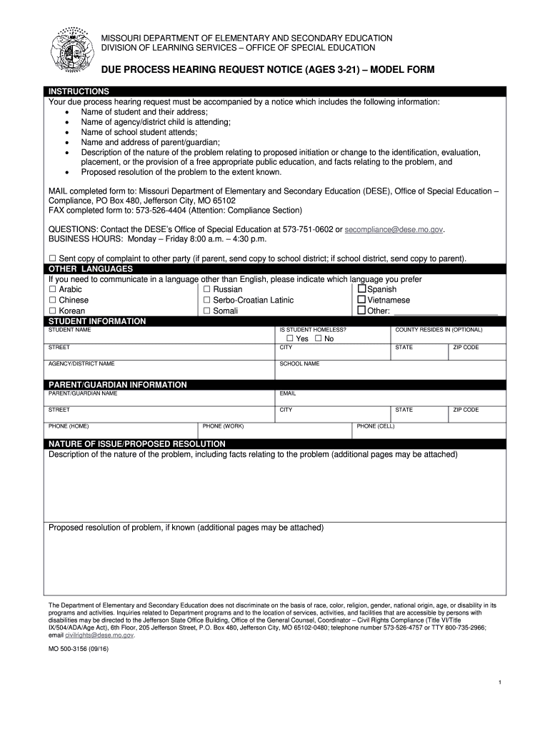 Fillable Online dese mo DIVISION OF LEARNING SERVICES OFFICE OF SPECIAL