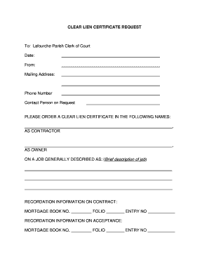 CLEAR LIEN CERTIFICATE REQUEST