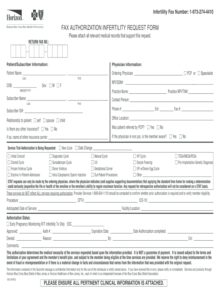 Fillable Online Horizon Fillable BCBSNJ5353InfertilityRequestForm