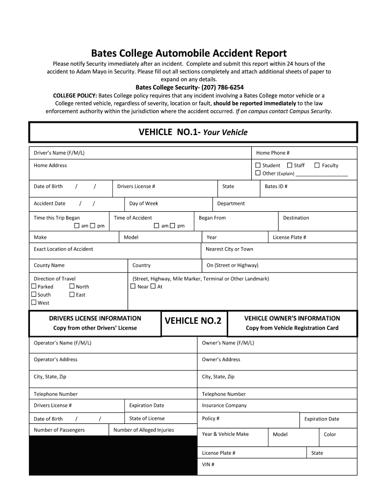 Fillable Online bates Bates College Automobile Accident Report bates