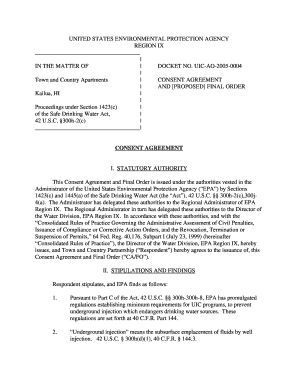 Consent Agreement and (Proposed) Final Order in the Matter of Town and Country Apartments. "Contains proceedings under Safe Drinking Water Act against Town and Country Apartments in Kailua, HI, docket no. UIC-AO-2005-0004, including -