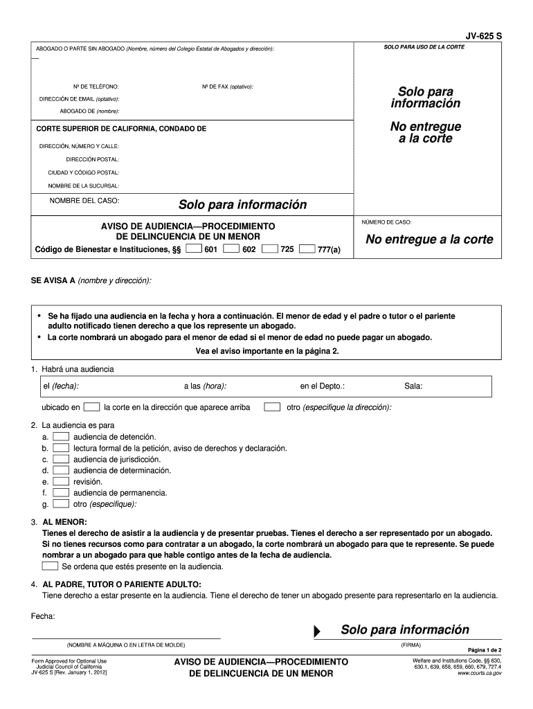 JV-625s Notice Of Hearing Juvenile Delinquency Proceeding (Spanish). Judicial Council forms - courts ca Preview on Page 1