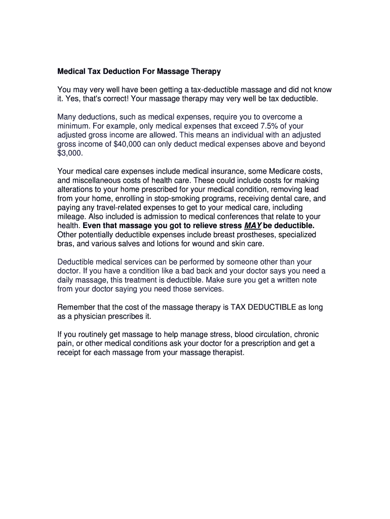 Fillable Online Medical Tax Deduction For Massage Therapy Fax Email