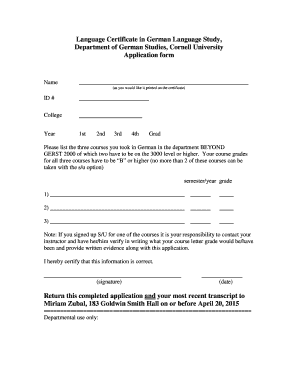 Application form for the Language Certificate in German Language Study, Department of German Studies, Cornell University - german cornell