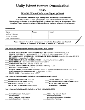 Room mom sign up sheet - USSO 2016-2017 Parent Volunteer Sign-Up Sheet - Unity School