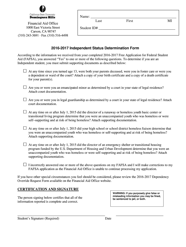 Fillable Online 20162017 Independent Status Determination Form Fax