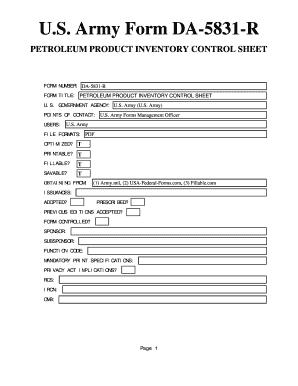 Inventory sheet army - U.S. Army Form DA-5831-R. PETROLEUM PRODUCT INVENTORY CONTROL SHEET