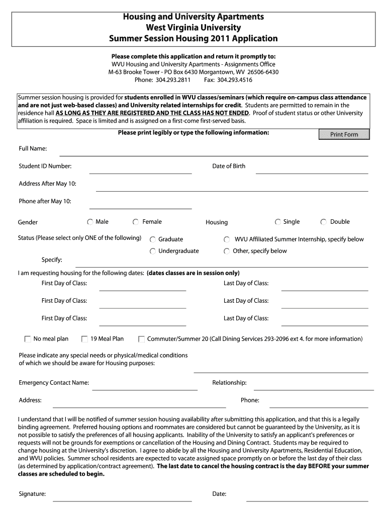Fillable Online housing wvu Housing and University Apartments West