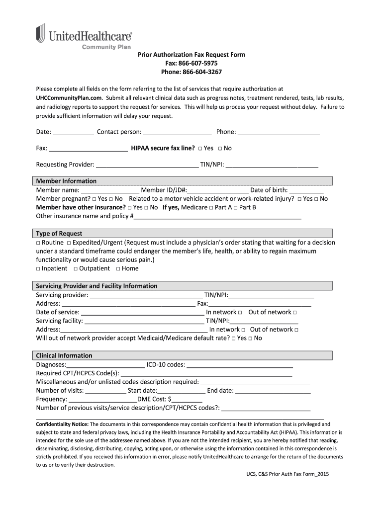 UnitedHealthcare Prior Authorization Fax Request Form 2015