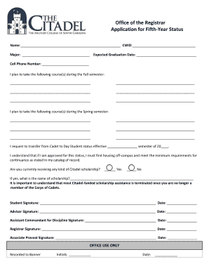Fillable Online citadel Application for Fifth-Year Status Fax Email ...