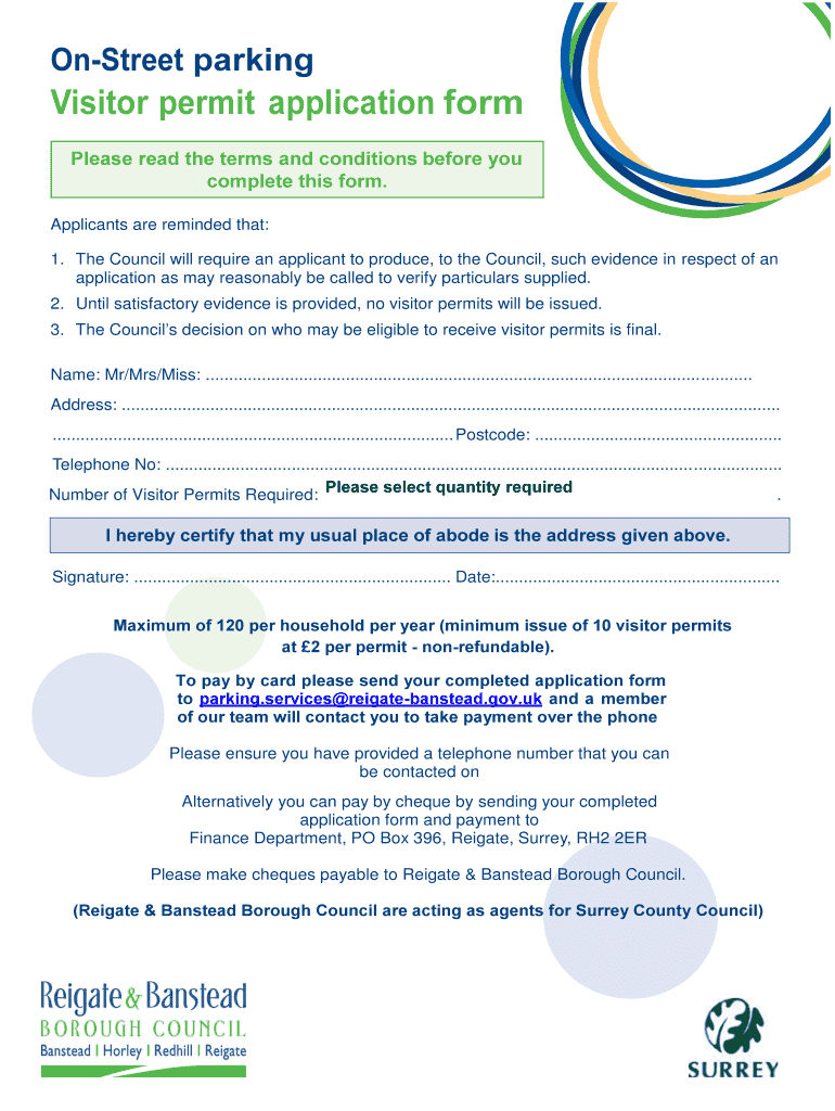 Fillable Online reigatebanstead gov OnStreet parking Visitor permit