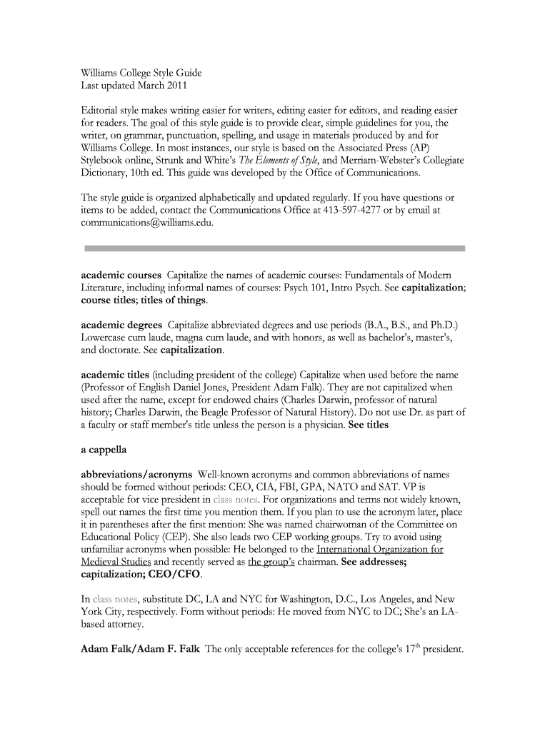Fillable Online Williams College Style Guide Last updated March 2011 ...