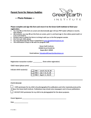 Photography disclaimer - Parent Form for Nature Buddies Photo Release - greenearthinstitute