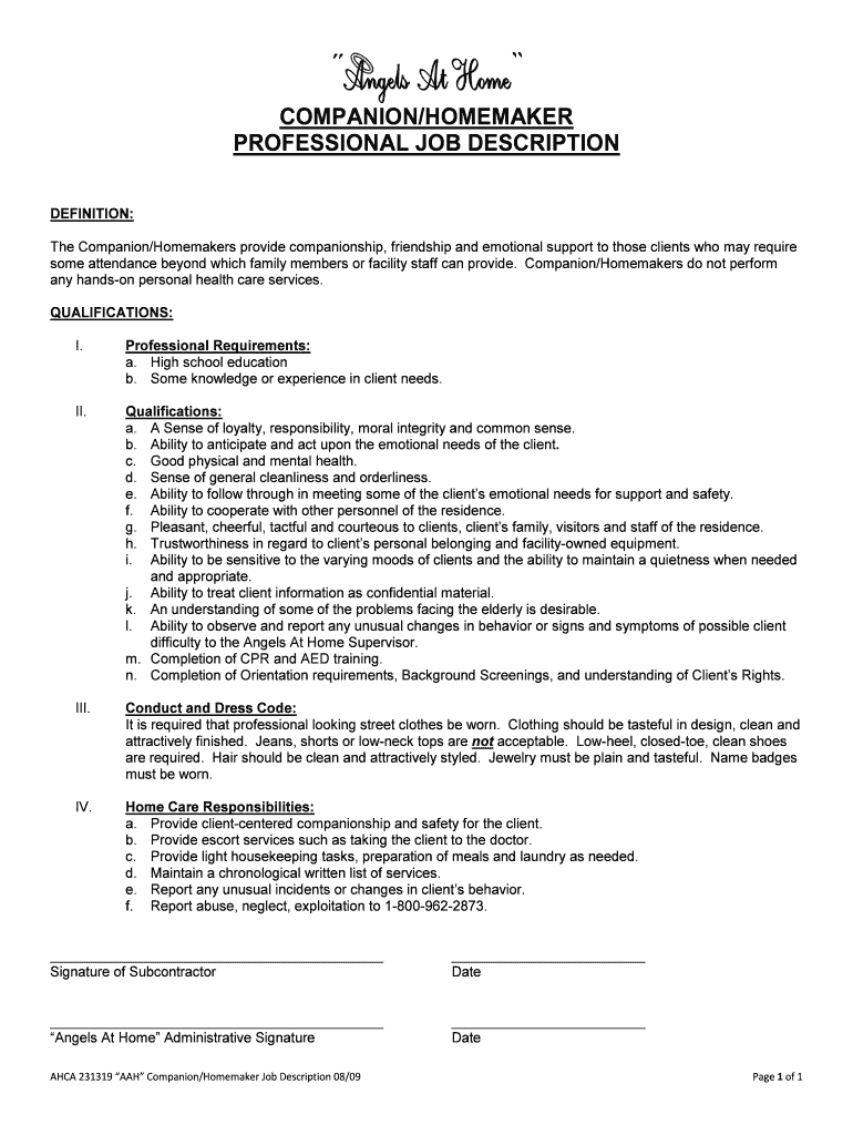 Fillable Online angelsathome COMPANION/HOMEMAKER PROFESSIONAL JOB
