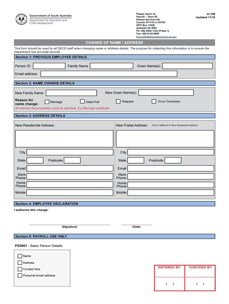 VL798 Change of Name Address Form to allow existing past employees to change their contact details Preview on Page 1