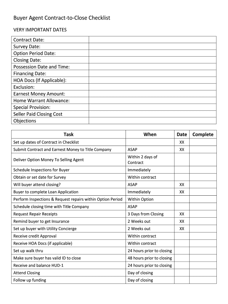 Fillable Online Buyer Agent Contract-to-Close Checklist Fax Email Print ...