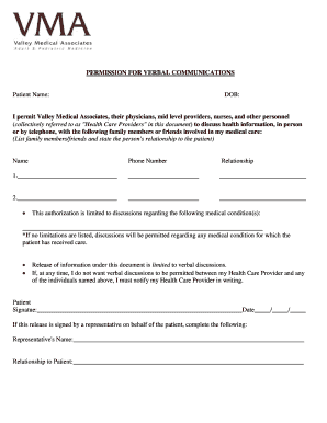 Permission For Verbal Communications - Valley Medical Associates - vmaonline