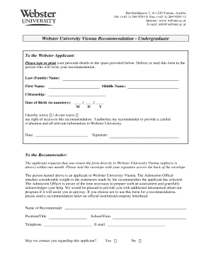 Webster University Recommendation Form